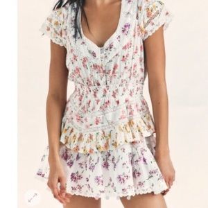 LoveShackFancy White Floral Jeromie Short Sleeve Ruffle Mini Dress Size Medium